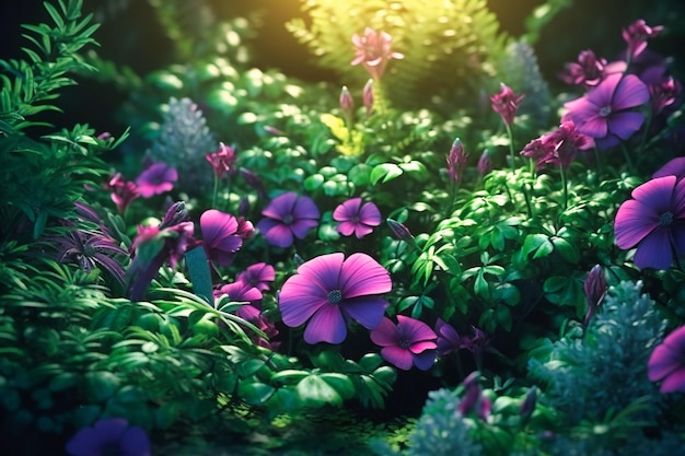 Photo a whimsical garden filled with bright green leaves and soft purple flowers