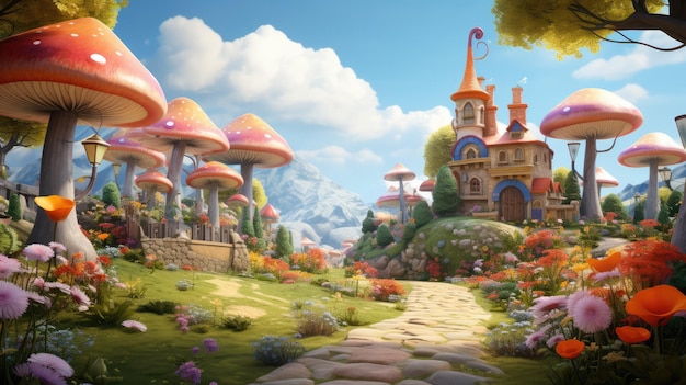 A whimsical garden with colorful mushrooms and enchanted trees