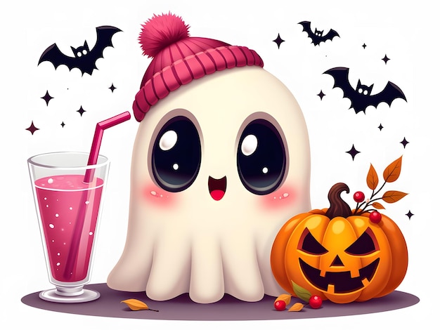 Whimsical Ghost in Pink Beanie with Halloween Decor Cute PixarStyle Illustration