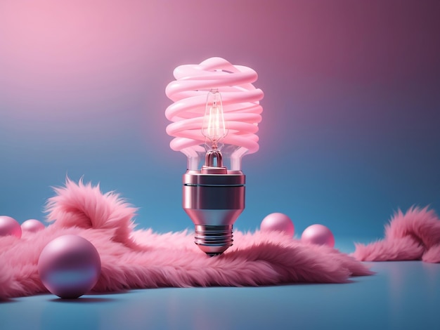 Photo whimsical glow pink fur light bulb on floating blue background