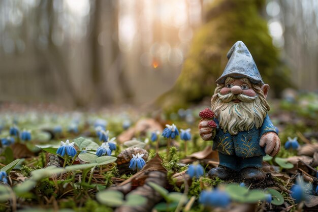 Photo whimsical gnome in a lush spring woodland