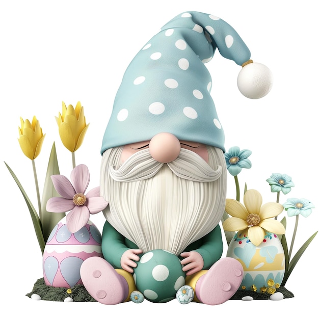 Photo whimsical gnome with pastel easter eggs and spring flowers