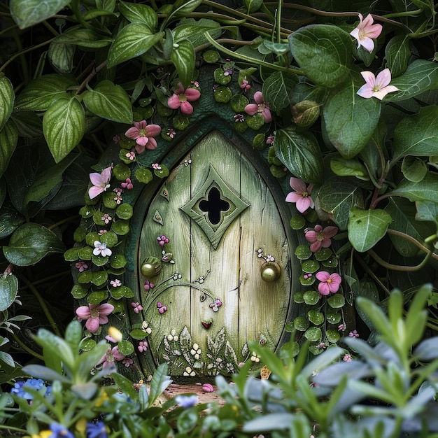 Photo a whimsical green door with pink flowers hidden in lush foliage