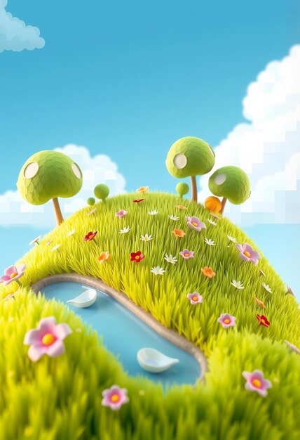 Photo a whimsical green hill with a small pond and colorful flowers under a bright blue sky