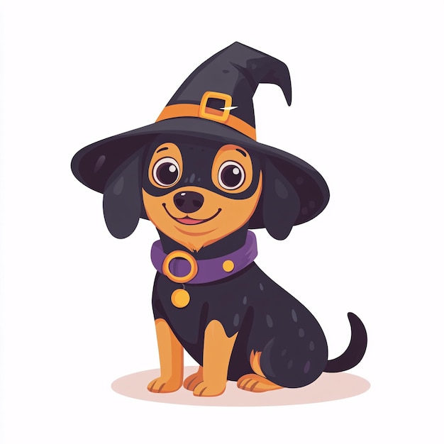 Photo whimsical halloween dog in a colorful witch costume flat design illustration on white back