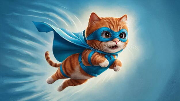 Whimsical Halloween Hero Orange Tabby Cat in Blue Superhero Cape Ready for Spooky Adventures