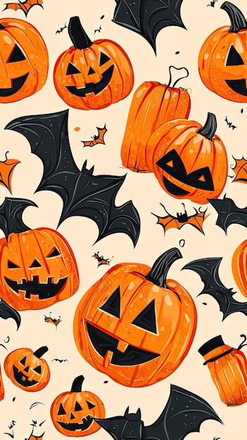 A whimsical Halloween pattern featuring grinning pumpkins and playful bats creating a festive and spooky atmosphere