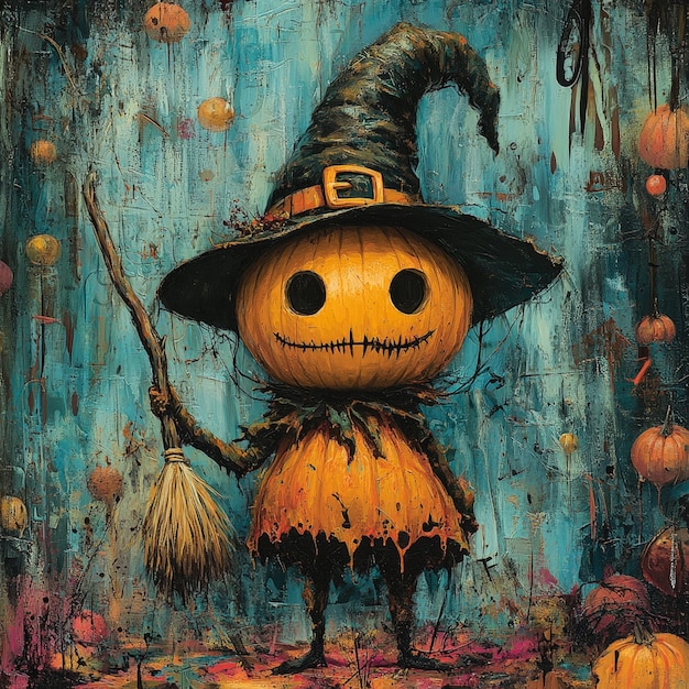 Photo whimsical halloween pumpkin character dressed as an evil witch