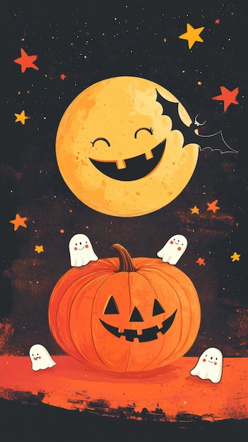 A whimsical Halloween scene with a cheerful moon playful bat and tiny ghost friends