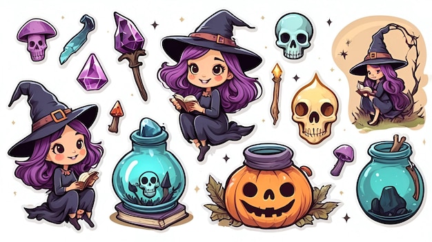 whimsical Halloween witchthemed stickers