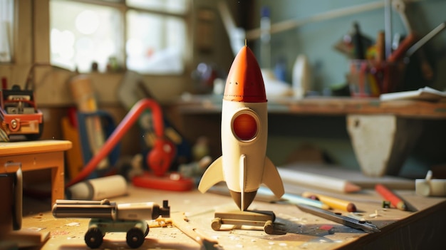 Whimsical handcrafted toy rocket stands proudly on a workbench in a sunlit room with tools and art supplies around