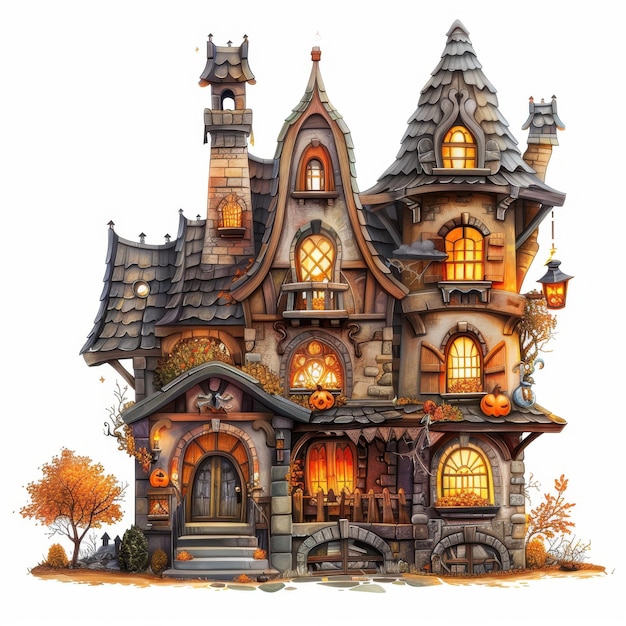 Whimsical Haunted House with intricate architecture and Glowing Windows