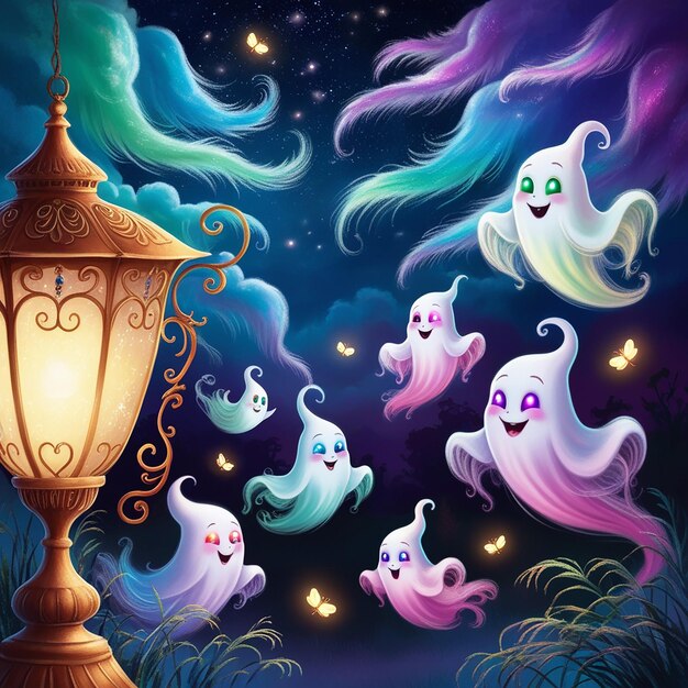 Photo whimsical haunts halloween ghosts captivating artwork of playful spirits in the night