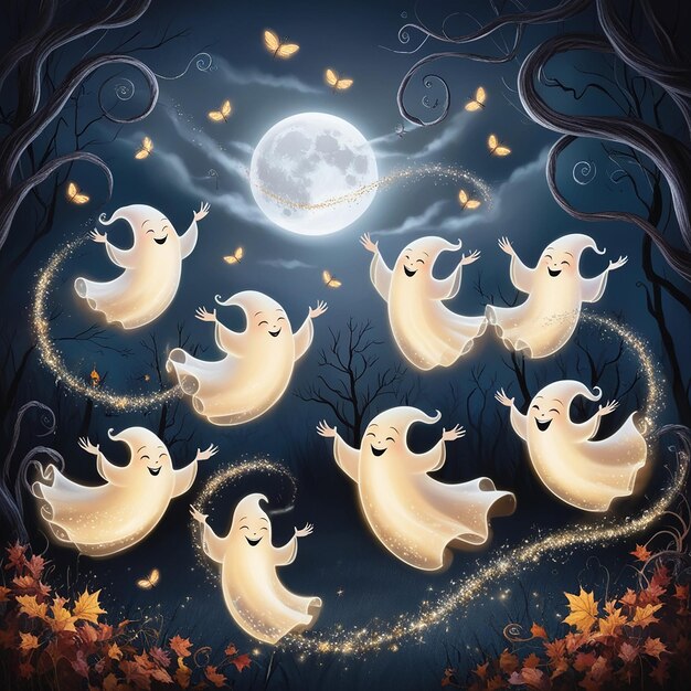 Photo whimsical haunts halloween ghosts captivating artwork of playful spirits in the night