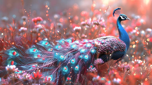 A Whimsical Holographic Peacock Strutting in a Surreal Fantasy Garden