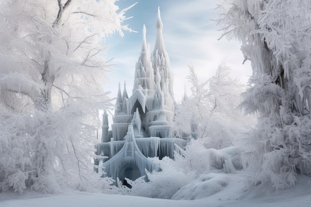 Whimsical ice castle nestled among snowcovered trees created with generative ai