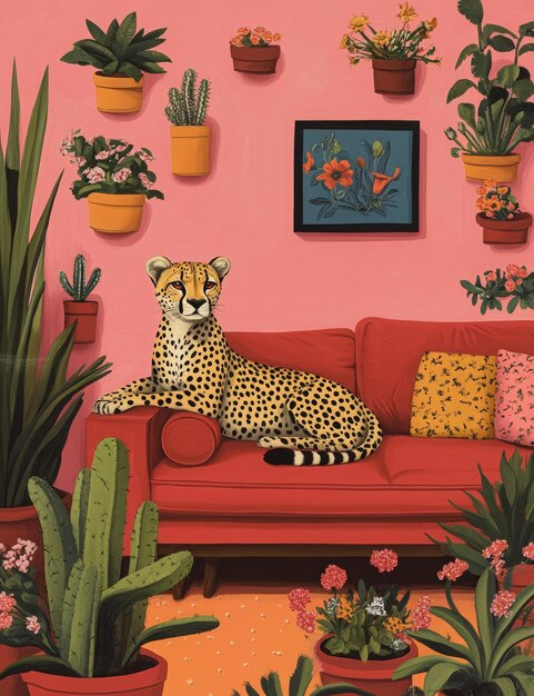 Whimsical illustration of a cheetah sitting in a colorful living room on a red couch surrounded by flower pots perfect for home decor or interior design inspiration Generative AI