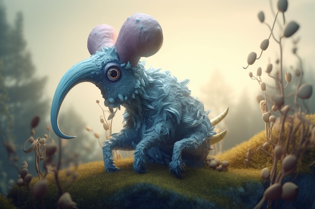 A whimsical illustration of a creature or character from a mythological tale in a mystical landscape