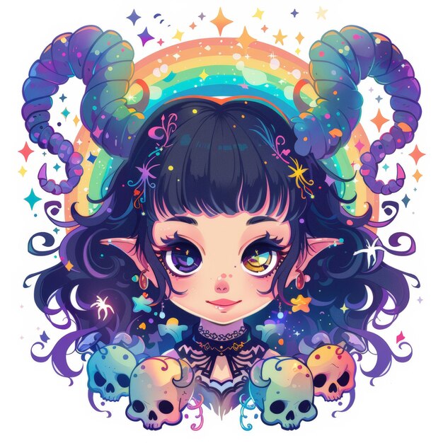 A whimsical illustration of a cute girl with horns a rainbow and skulls