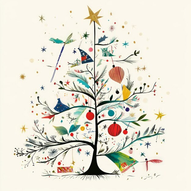 Photo a whimsical illustration of a decorated christmas tree with various festive ornaments and stars