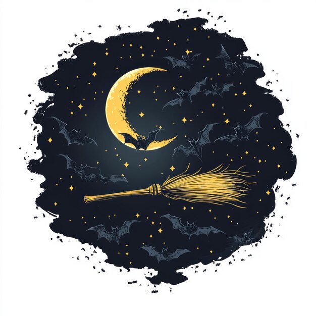 Photo a whimsical illustration featuring a broomstick bats and a crescent moon against a starry sky