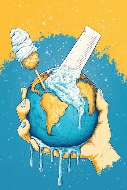 Photo a whimsical illustration featuring a melting globe with ice cream symbolizing climate change