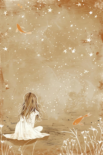 Whimsical illustration of a girl dreaming under a starry sky with koi fish swimming above