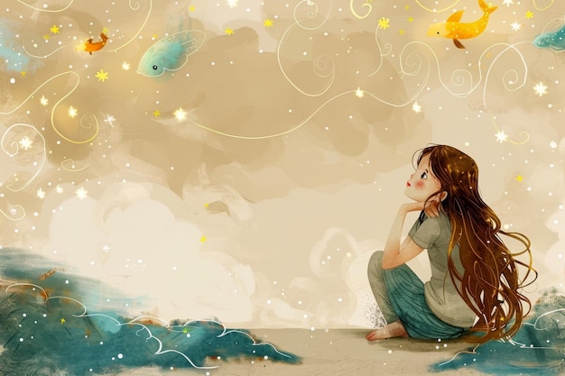 Whimsical illustration of a girl experiencing a dreamy night sky filled with orange fish and stars