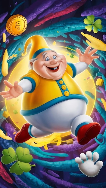 A whimsical illustration of a jovial man named Gluck dressed in a bright yellow and blue outfit wi