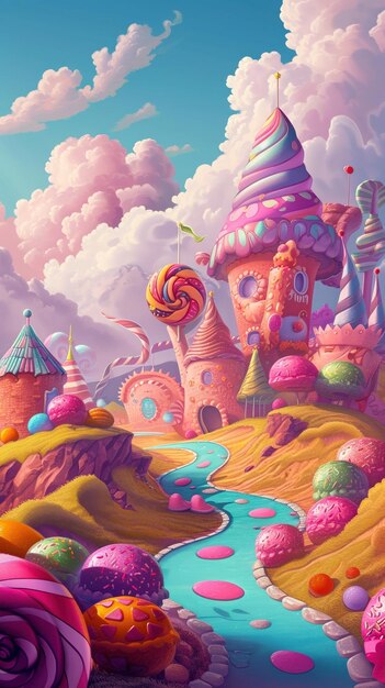 Photo whimsical illustration of a magical candy land vibrant colors and playful candy shapes a dreamy landscape filled with sweet treats