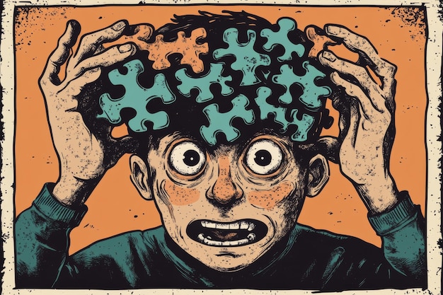 Photo whimsical illustration of a man holding his head with puzzle pieces floating symbolizing the stress