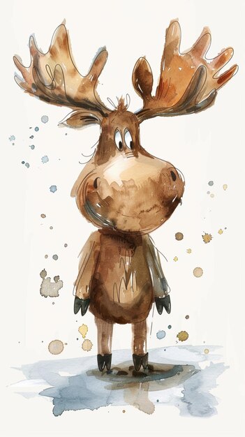 Photo whimsical illustration of a moose in minimal watercolor art style and soft pastel colors