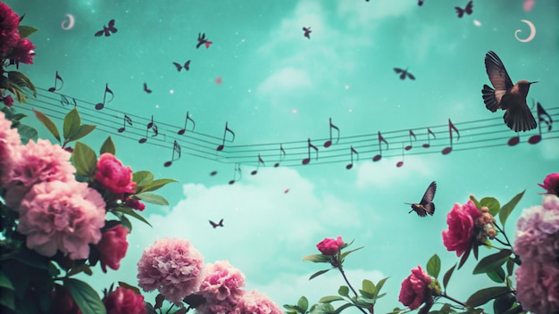 Photo a whimsical illustration of music notes floating in the sky above blooming flowers and flying butterflies