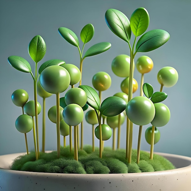 A whimsical illustration of a potted plant with rounded bulbous leaves and delicate green stems