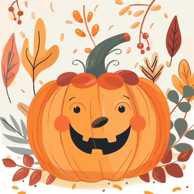 Whimsical illustration of Pumpkin and autumn leaves in childrens storybook style