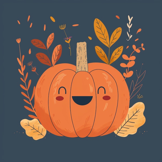 Whimsical illustration of Pumpkin and autumn leaves in childrens storybook style