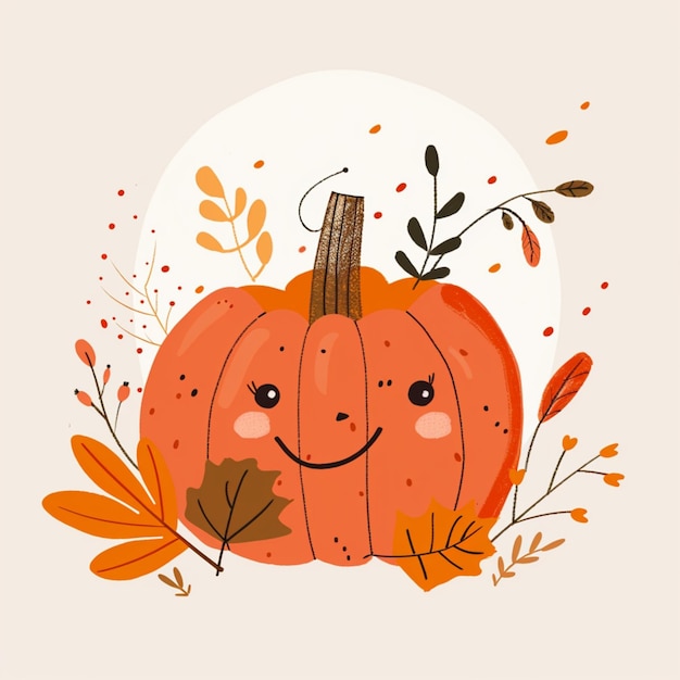 Photo whimsical illustration of pumpkin and autumn leaves in childrens storybook style