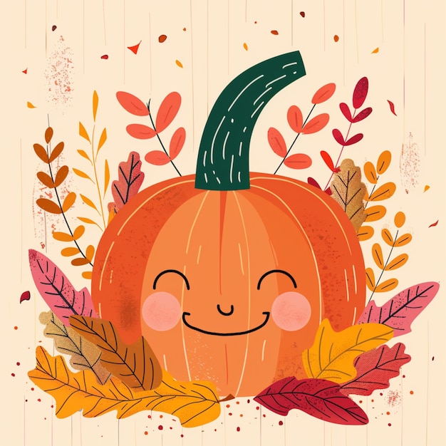 Whimsical illustration of Pumpkin and autumn leaves in childrens storybook style