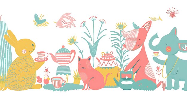 Photo a whimsical illustration of a rabbit a cat and an elephant having a tea party in a garden