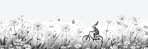 Photo a whimsical illustration of a rabbit riding a bicycle through a field of wildflowers symbolizi