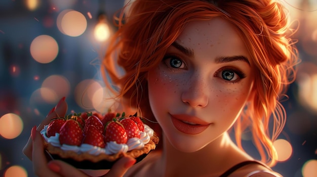 A whimsical illustration of a red haired girl presenting a magical strawberry pie as a gift in a