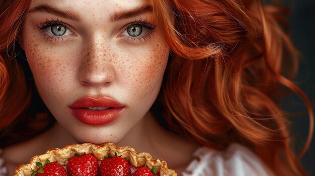 A whimsical illustration of a red haired girl presenting a magical strawberry pie as a gift in a