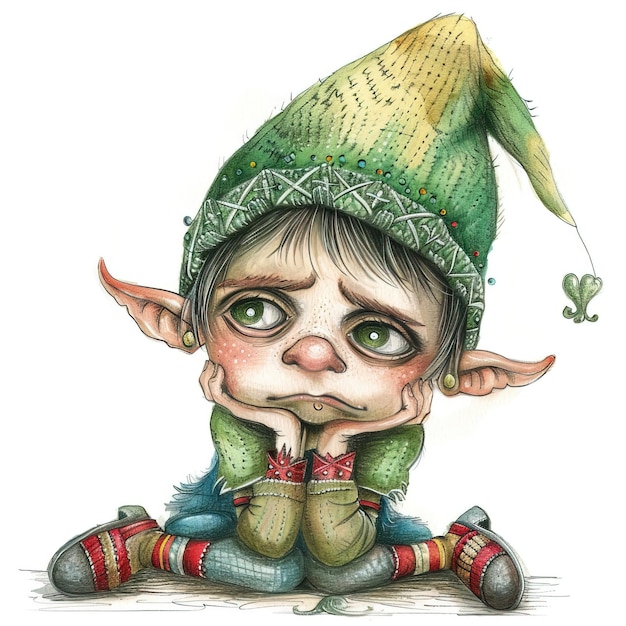 Photo a whimsical illustration of a sadlooking elf with large eyes and pointed ears