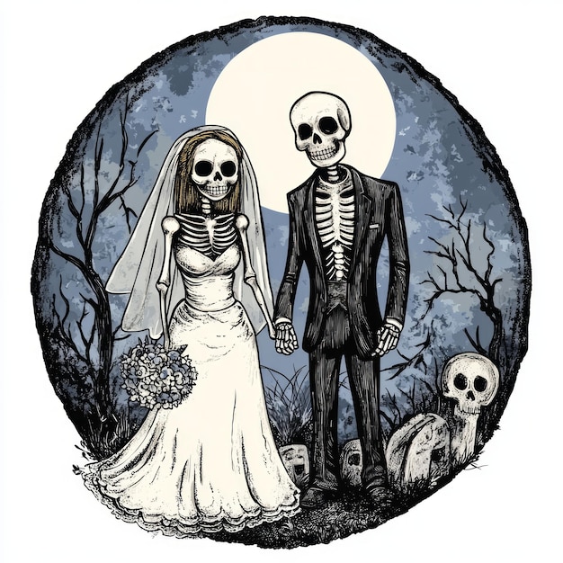 A whimsical illustration of a skeleton couple in wedding attire holding hands under a full moon