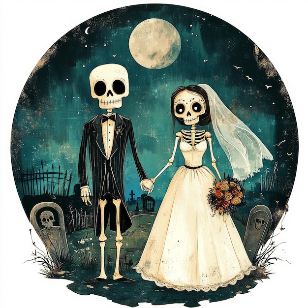 A whimsical illustration of a skeleton couple in wedding attire holding hands under a full moon