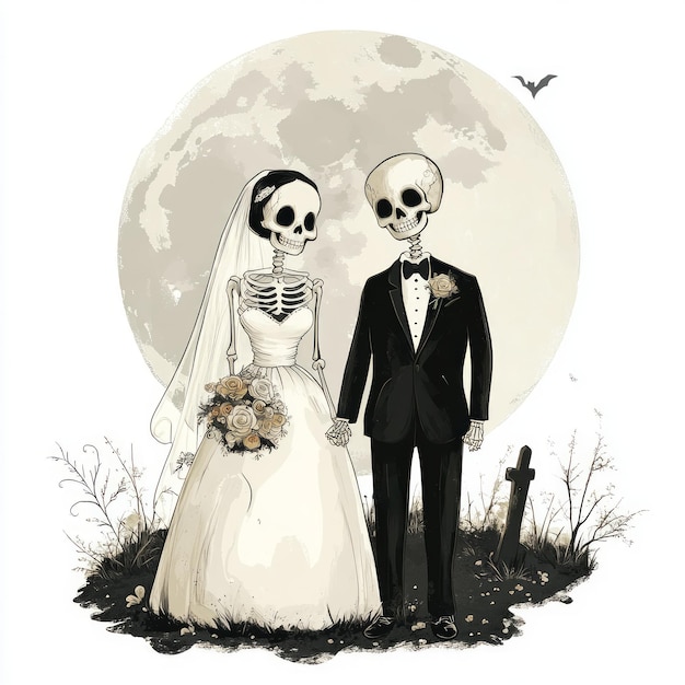 Photo a whimsical illustration of a skeleton couple in wedding attire set against a full moon