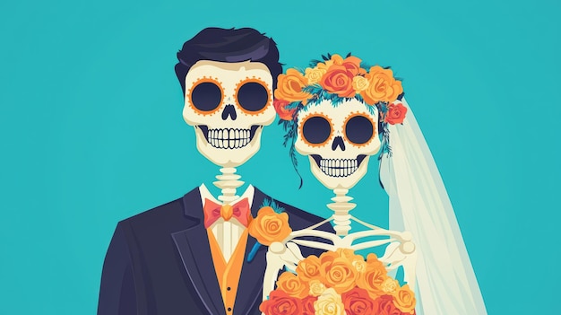 Photo a whimsical illustration of a skeleton couple in wedding attire surrounded by vibrant flowers