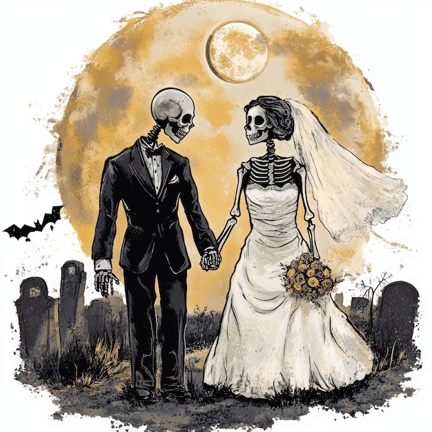 A whimsical illustration of skeletons in wedding attire holding hands under a full moon