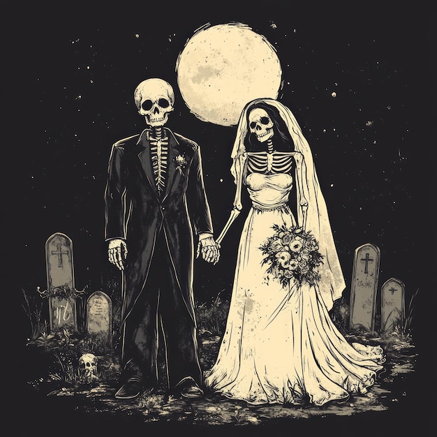 A whimsical illustration of skeletons in wedding attire holding hands in a graveyard