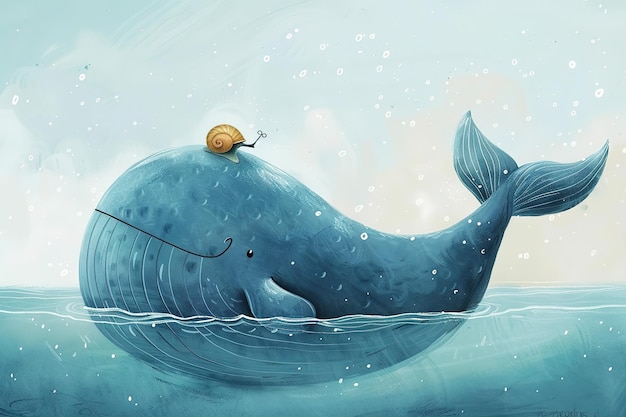 Whimsical illustration of a snail riding on a smiling whales back on sea